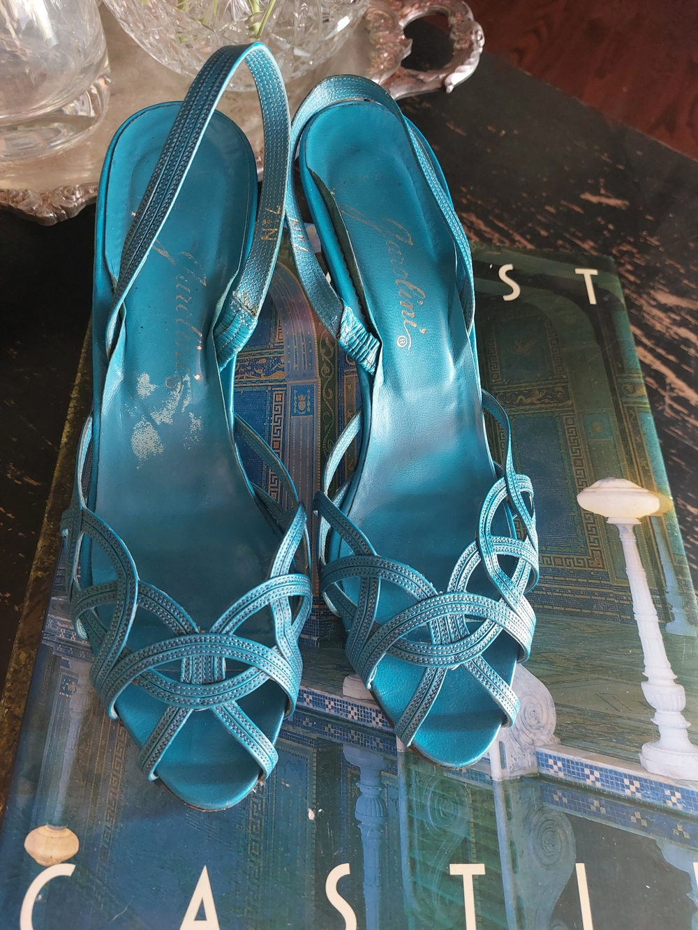Vintage Garolini Turquoise Leather Slingback Heels Sz 7.5